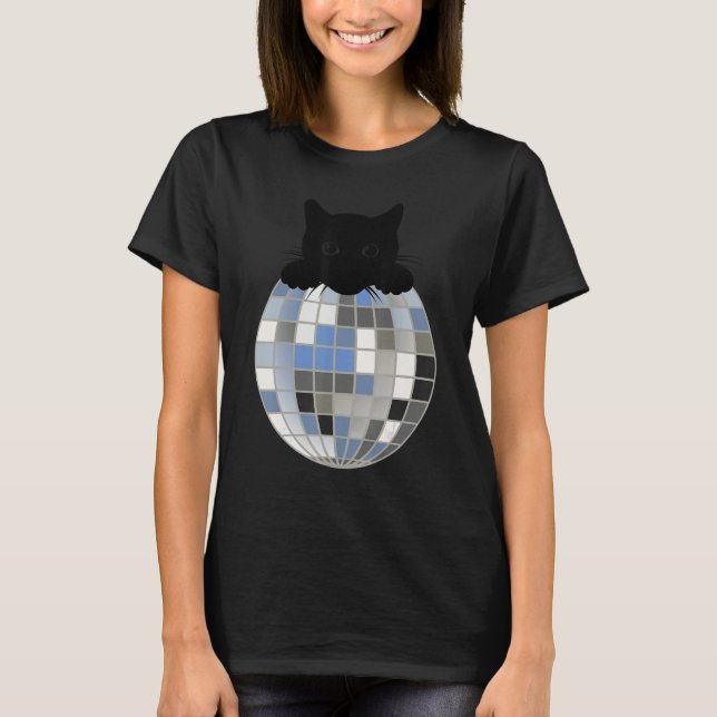 Aesthetic Disco Ball Winter Snow Black Cat Disco C T-Shirt (Front)