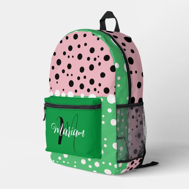 Aesthetic Emerald Green Pink Colour - Initial Name Printed Backpack (Back Corner Right)