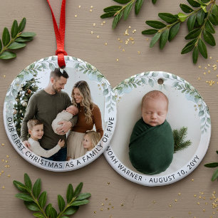 Aesthetic Family of Five First Christmas Photo Ceramic Tree Decoration