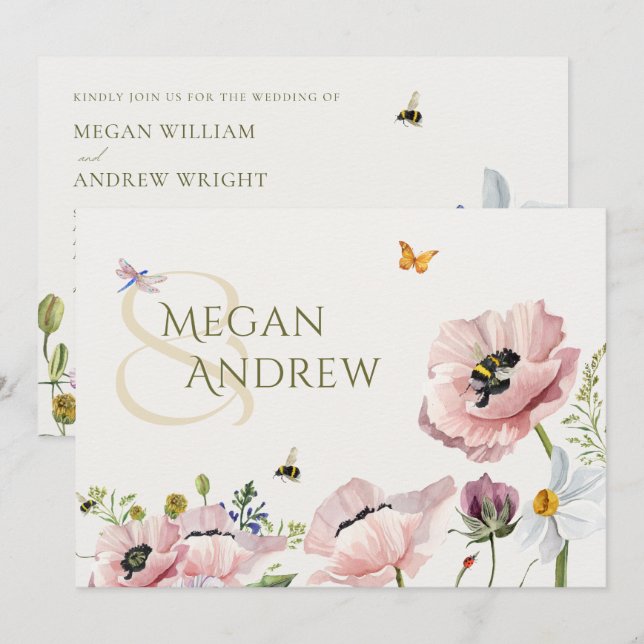 Aesthetic floral bloom bees wedding invitation (Front/Back)