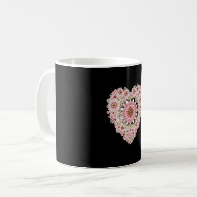 Aesthetic Floral Heart Mug | Black Mug with Pink  (Front Left)