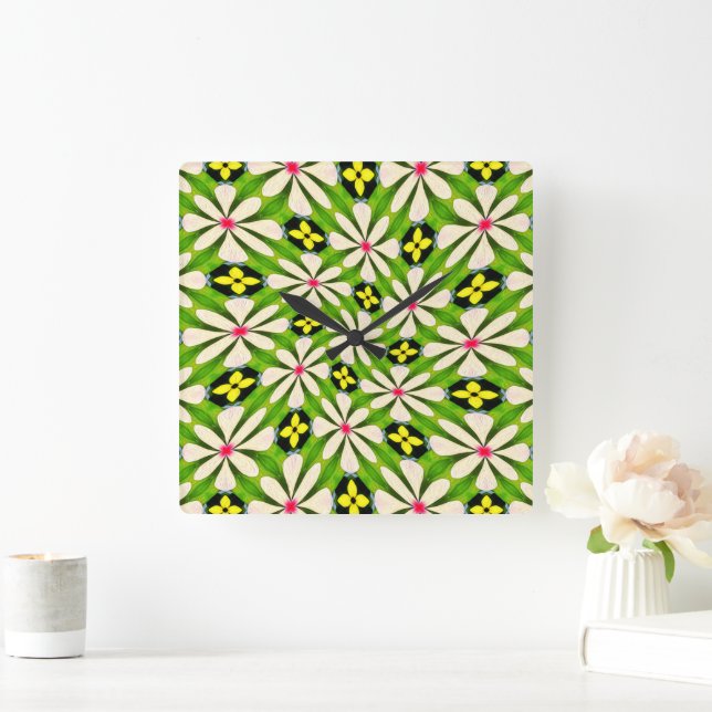 Aesthetic Flowers Pattern Square Wall Clock (Home)