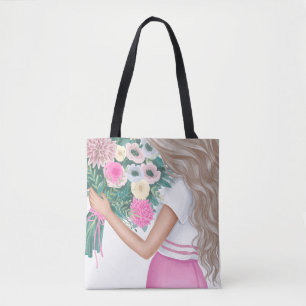 Aesthetic Girl Holding Flower Bouquet Illustration Tote Bag