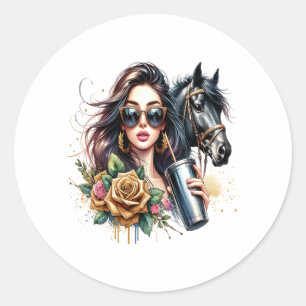 Aesthetic Girl Horse Glitter Roses Classic Round Sticker