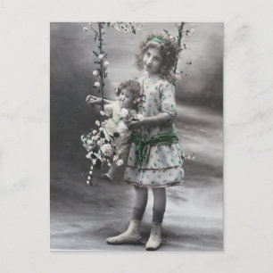 Aesthetic Girl with her Doll Vintage Black&White Postcard