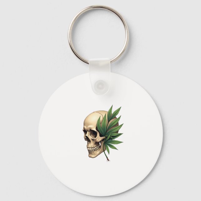 Aesthetic Goth Grunge Skull Tropical Monstera Leaf Key Ring (Front)