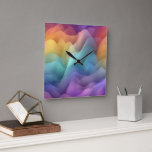 Aesthetic Gradient Mountain Abstract Square Wall Clock<br><div class="desc">Elevate your home decor with this stunning square wall clock featuring a captivating abstract gradient landscape. The design uses a beautiful translucent gradient palette of soft violets, deep indigos, and warm golden-orange hues, creating a layered, ethereal effect reminiscent of a mystical sunset. Its minimalist, numberless face and sleek black tapered...</div>