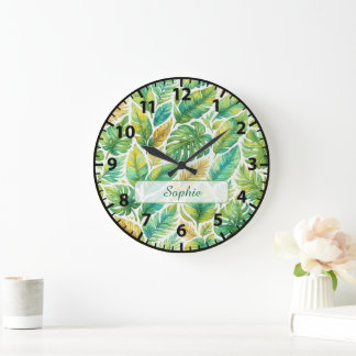 Aesthetic Green Tropical Leaves Custom Name  Large Clock