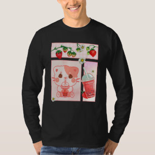 Aesthetic Harajuku Cute Cat Drink Strawberry Boba  T-Shirt
