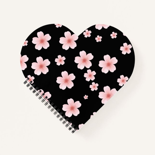 Aesthetic Heart Shaped Pink Cherry Blossom Pattern Notebook (Front)