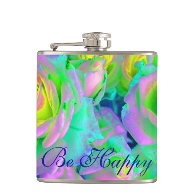  Aesthetic Iridescent Pearly Roses Be Happy Hip Flask (Front)