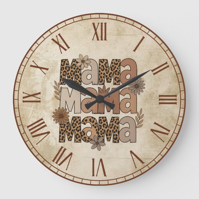 Aesthetic Leopard Print Mama Typography  Large Clock (Front)