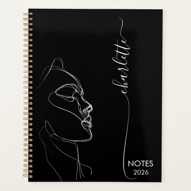 Aesthetic Line Art Girl Face With Scripted Name  Planner (Front)