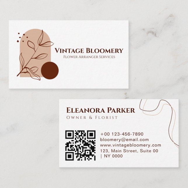 Aesthetic Minimalist Modern Floral Earthy QR Code  Business Card (Front/Back)