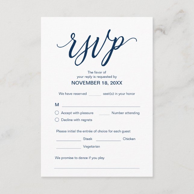 Aesthetic, Navy Blue, Wedding Dinner RSVP, Respond Enclosure Card (Front)