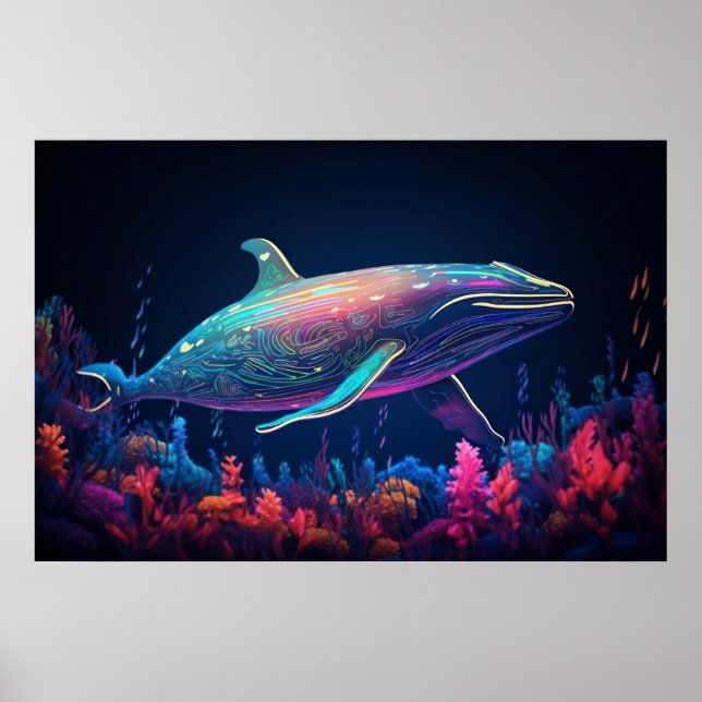 Aesthetic neon whale illustration  poster (Front)