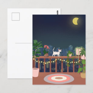 Aesthetic night sky city view with plants and cat postcard