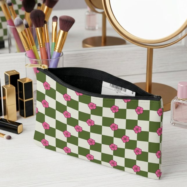 Aesthetic Olive & Pink Floral Chequerboard Pouch (Creator Uploaded)