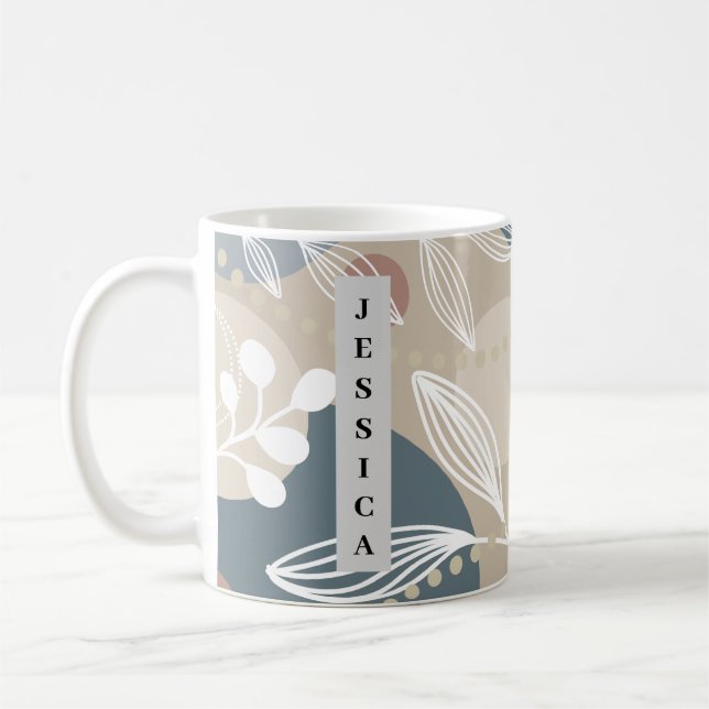 Aesthetic Pastel Dark Green Line Leaf  Coffee Mug (Left)
