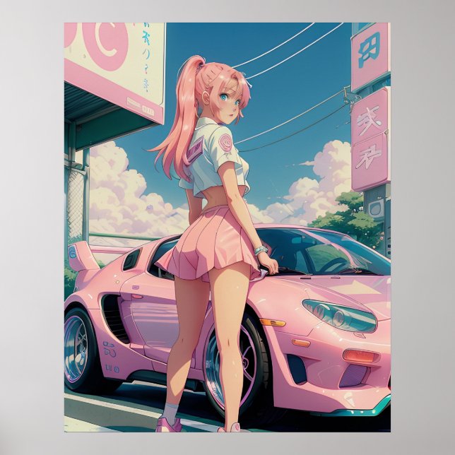 Aesthetic Pastel Pink Anime Girl Drifter  Poster (Front)