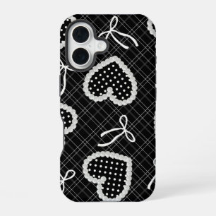 Aesthetic Pearl Framed Polka Dot Heart & White Bow iPhone 16 Case
