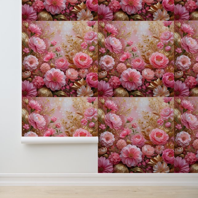 Aesthetic Pink and Gold Flower Wall Mural (Application)