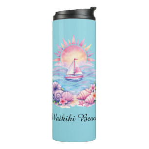 Aesthetic Pink Beach Sailboat Watercolor Sunset Thermal Tumbler