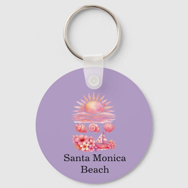 Aesthetic Pink Beach Sunset Watercolor Key Ring (Front)