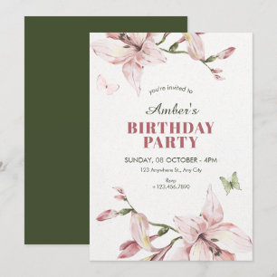 Aesthetic pink green flower bloom birthday invitation