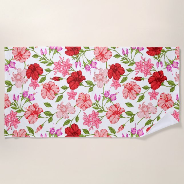 Aesthetic Pink Hibiscus Floral Pattern Beach Towel (Front)