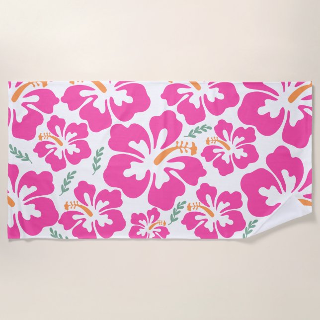Aesthetic pink hibiscus repeating pattern beach towel (Front)