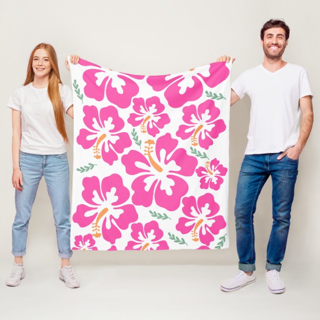Aesthetic pink hibiscus repeating pattern fleece blanket (In Situ)