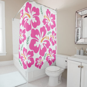Aesthetic pink hibiscus repeating pattern shower curtain