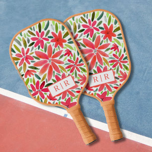 Aesthetic Pretty Monogram Initial Red Florals Pickleball Paddle