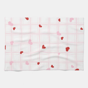 Aesthetic Red Hearts Pink Grid Coordinated Kitche Tea Towel