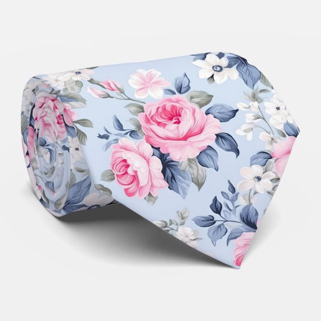 Aesthetic Shabby Chic Pink Roses Pattern Tie (Rolled)