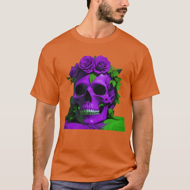 Aesthetic Skulls and Roses Violet and Green friend T-Shirt (Front)