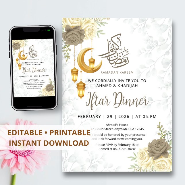 Aesthetic Soft Grey Floral Ramadan Iftar Dinner Invitation (Creator Uploaded)
