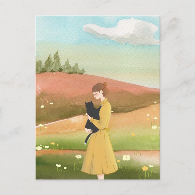 Aesthetic spring landscape women with cat  postcard (Front)