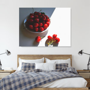 Aesthetic still life with ripe cherries on a white canvas print