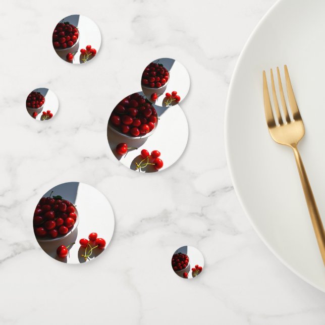 Aesthetic still life with ripe cherries on a white confetti (Group)