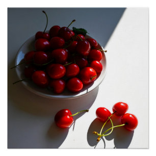 Aesthetic still life with ripe cherries on a white poster