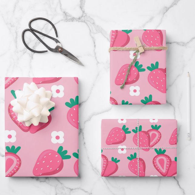 Aesthetic Strawberry Fruit Food Pink Wrapping Paper Sheet (Front)