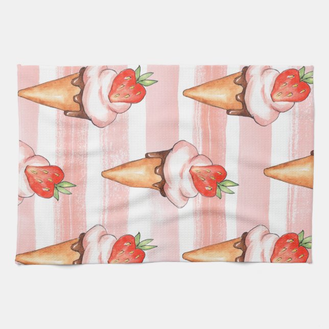  Aesthetic Strawberry Ice Cream Coordinated Kitche Tea Towel (Horizontal)