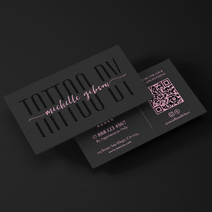 Aesthetic Tattoo Artist Black Pink Monogram QR Business Card