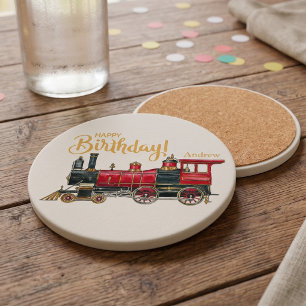 Aesthetic Vintage Train Birthday Coaster