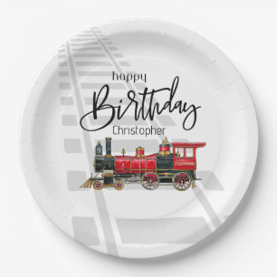 Aesthetic Vintage Train Birthday Paper Plates