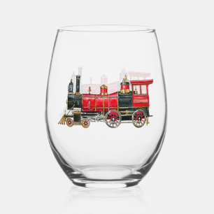 Aesthetic Vintage Train Stemless Wine Glass