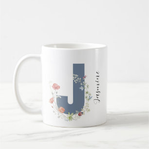 Aesthetic Watercolor Floral Letter J Monogram Coffee Mug