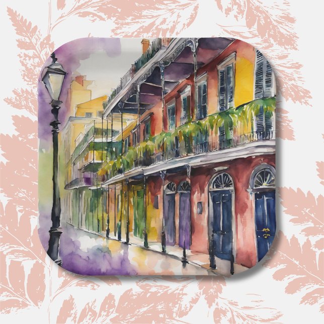 Aesthetic Watercolor Mardi Gras Bourbon Street Paper Plate (Creator Uploaded)